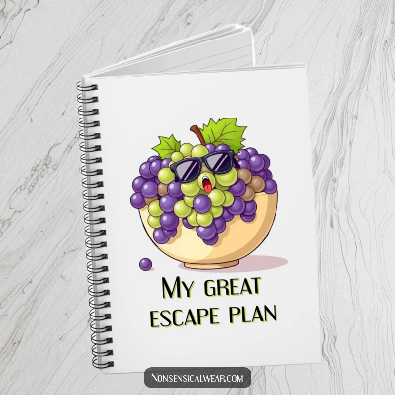 Funny grapes notebook cover with startled grapes wearing sunglasses, escaping a giant fruit bowl.
