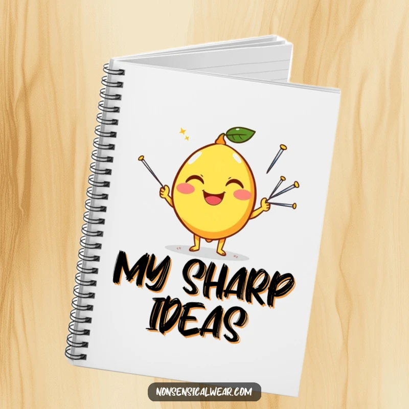Funny notebook cover with a happy lemon character juggling sewing needles, inspiring sharp notes and witty ideas.