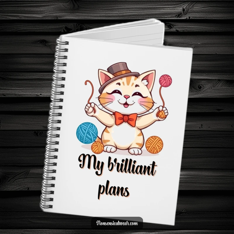 Funny notebook cover featuring a dapper cat juggling yarn balls, inspiring playful thoughts and creative ideas.