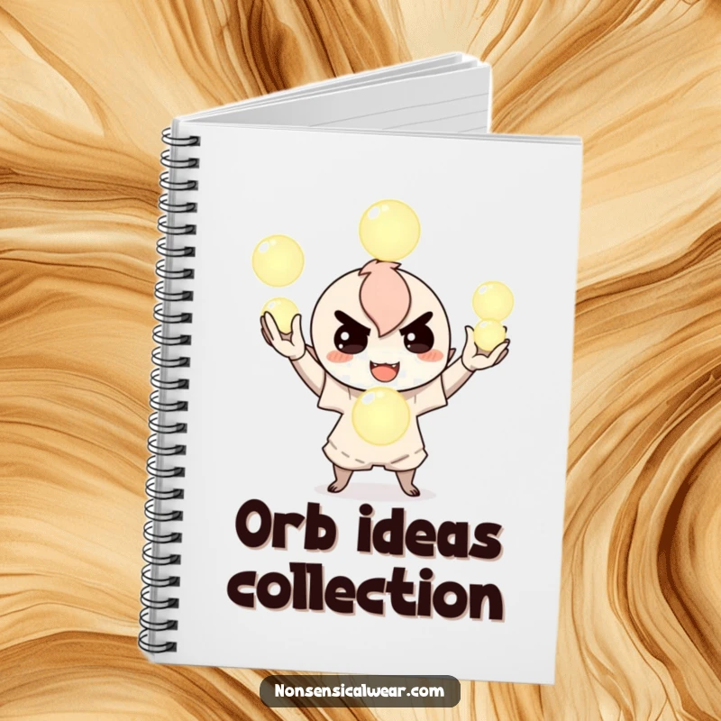 Funny notebook featuring a mischievous character juggling three glowing orbs, perfect for notes, doodles, and capturing creative, magical thoughts, a unique gift.