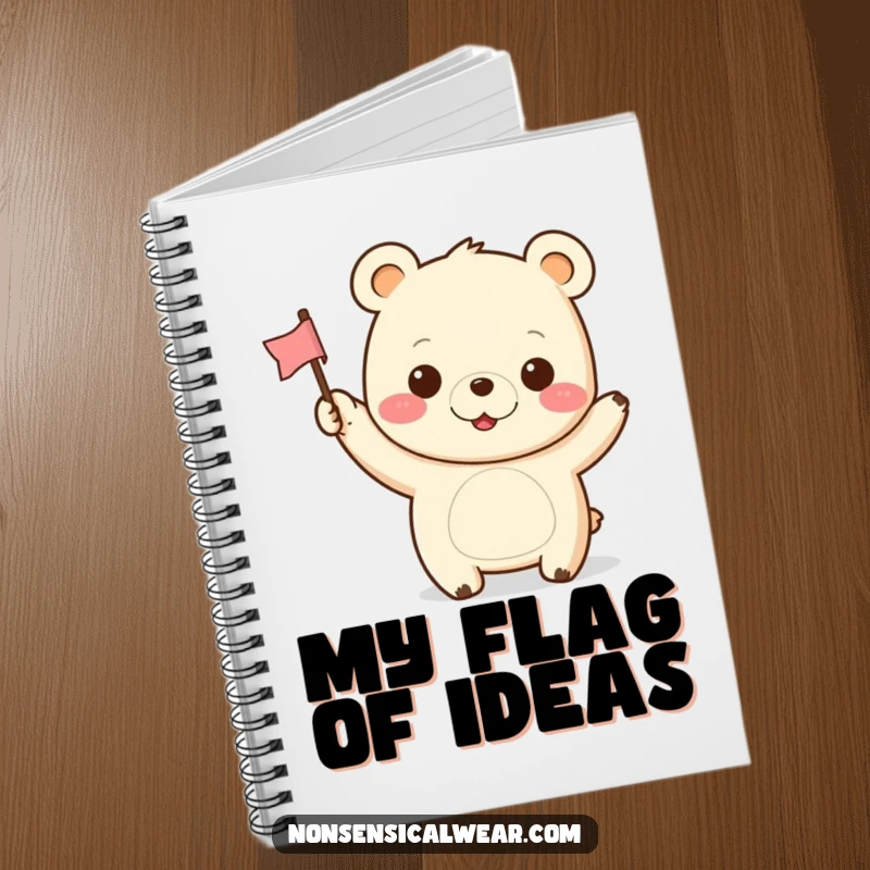Funny Kawaii Bear Notebook: A happy kawaii bear waves a flag, inspiring cheerful notes and creative ideas.