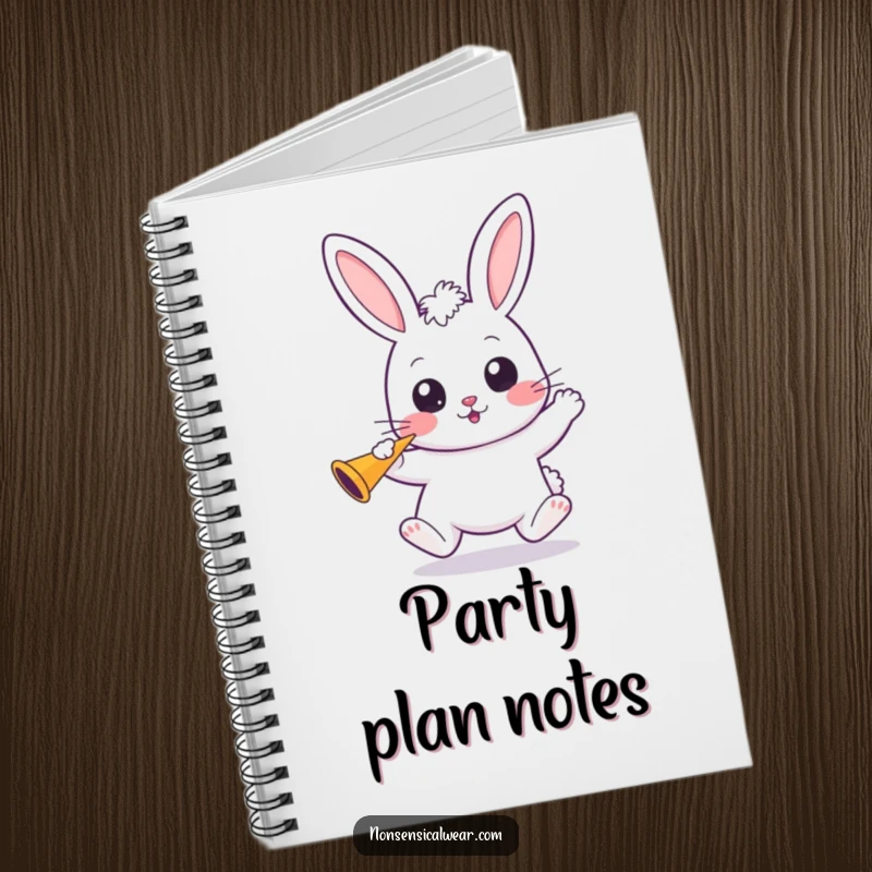 Funny Kawaii Bunny Notebook: A wide-eyed kawaii bunny bounces, holding a party horn, inspiring celebratory notes.