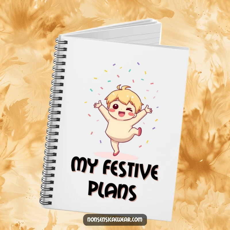 Funny notebook: a cute kawaii character joyfully does a cartwheel while throwing confetti, for note-taking.
