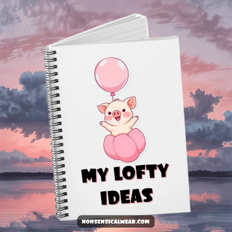 Funny kawaii piglet smiling while floating upwards on a balloon, a humorous and cute design on this notebook, perfect for jotting notes.