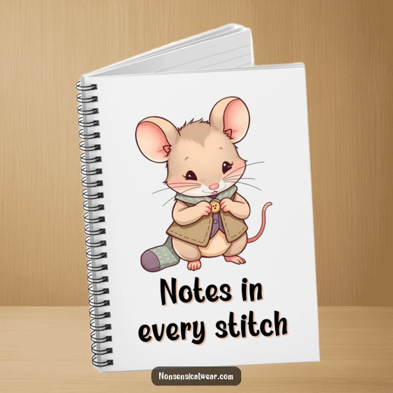 Funny Mouse Notebook: A mouse in a vest sews a button onto a sock, ideal for recording creative thoughts and plans.