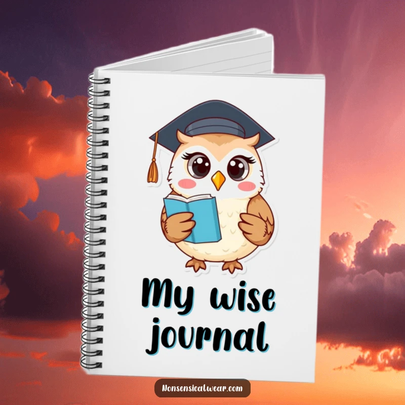 Funny notebook with a round owl in a graduation cap, holding a book, perfect for capturing smart ideas.