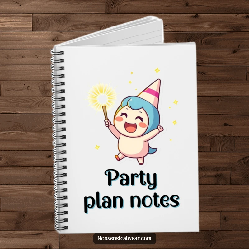 Funny notebook featuring a cheering character launching a sparkling party popper, perfect for notes, doodles, and capturing festive ideas, a unique gift.