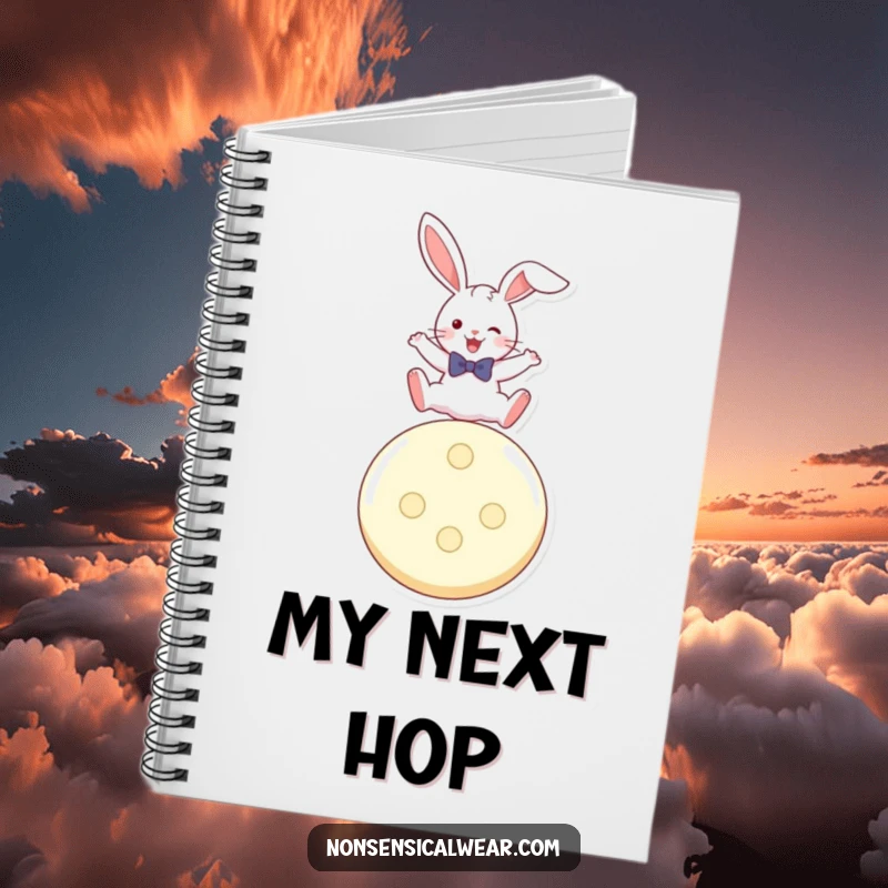 Funny notebook cover featuring a playful rabbit in a bow tie, leaping over a giant button.