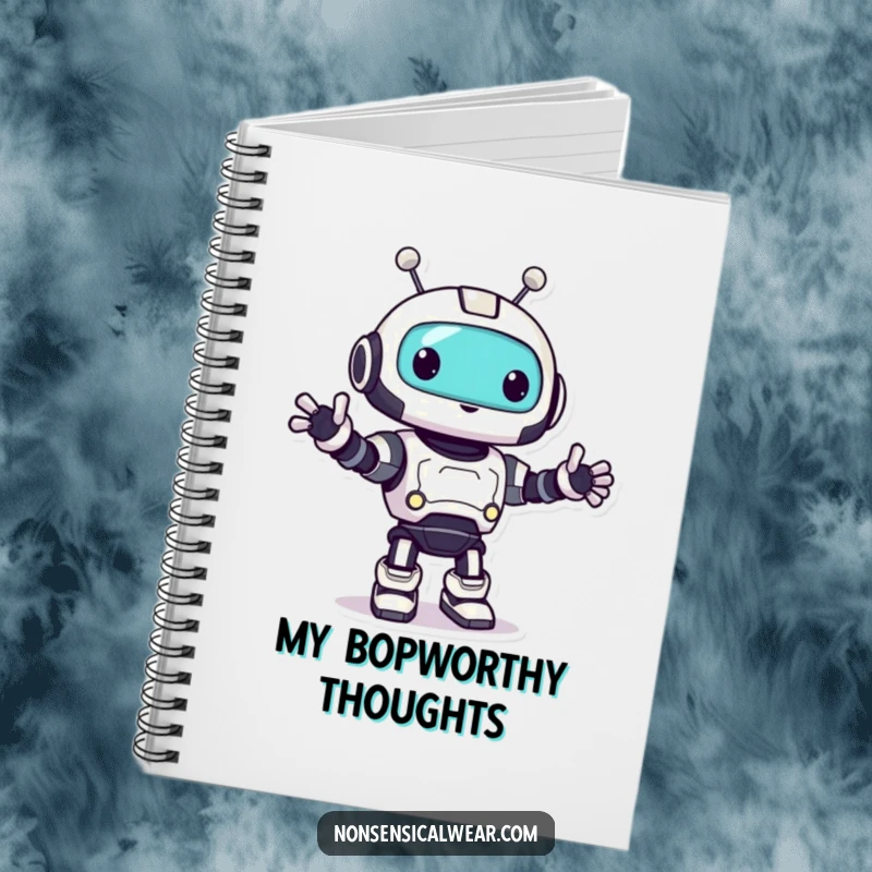 Funny robot notebook featuring a cute character doing a happy little bop, ideal for writing and sketching.