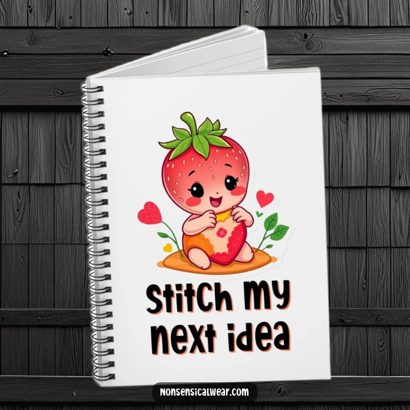 Funny notebook with a cheerful strawberry character busily stitching a vibrant patch, ideal for jotting down creative ideas and sewing notes.