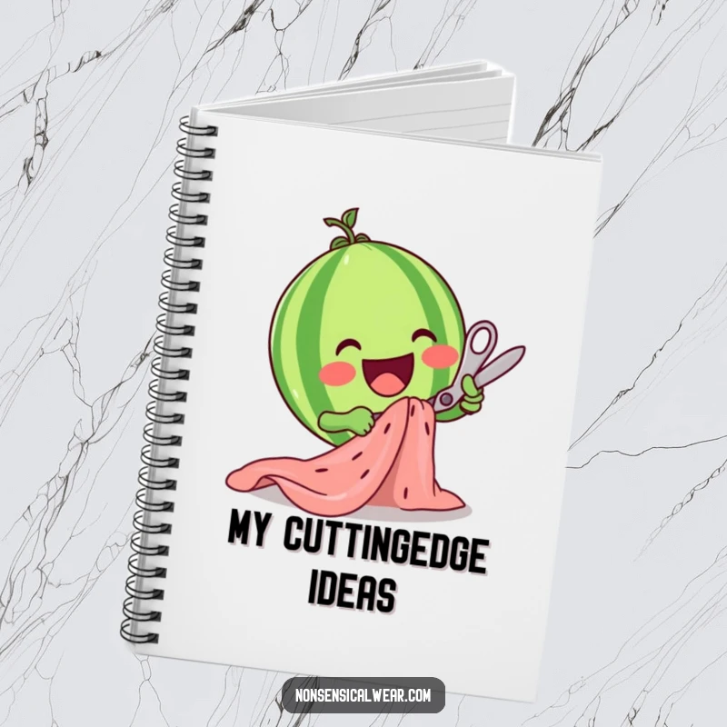 Funny watermelon character enthusiastically cutting fabric with scissors on the cover of a notebook, inspiring creativity.