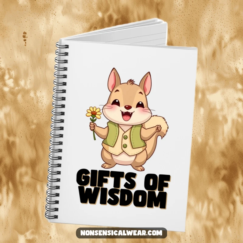 Funny squirrel wearing a vest and holding a flower, featured in a notebook for humorous and inspiring note-taking.