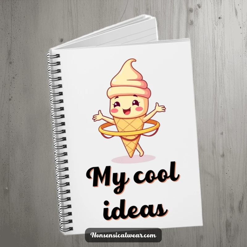 Funny smiling ice cream cone character spinning a hula hoop on the cover of a notebook, for humorous note-taking.
