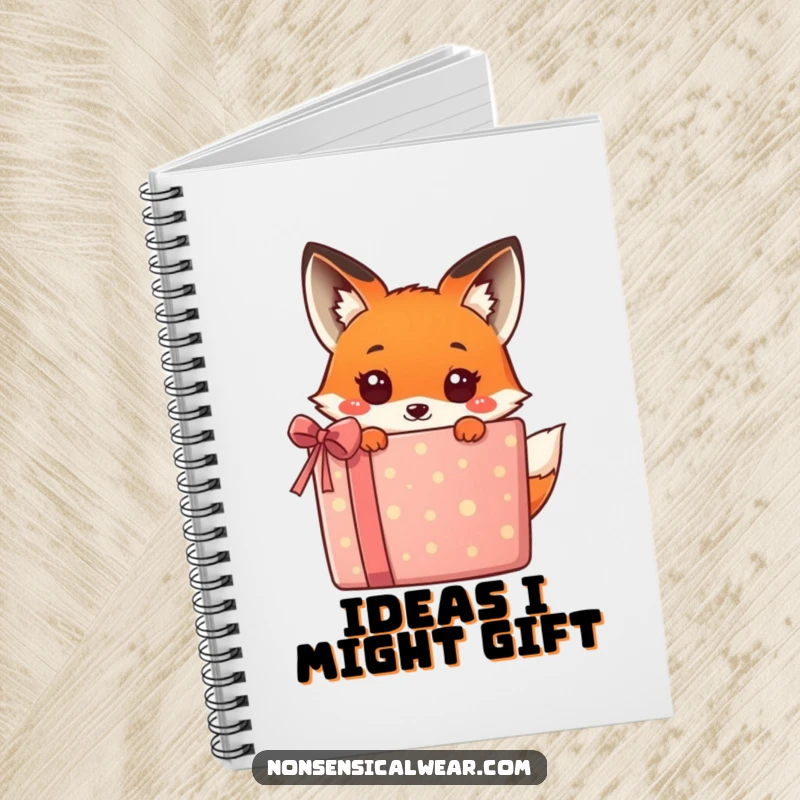 Funny kawaii fox peeking from behind a large, colorful gift, a humorous and cute design on this notebook, perfect for jotting notes.