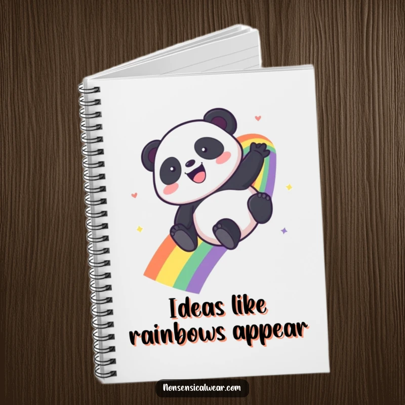 Funny Kawaii Panda notebook with a panda sliding down a rainbow, perfect for creative thoughts and notes.