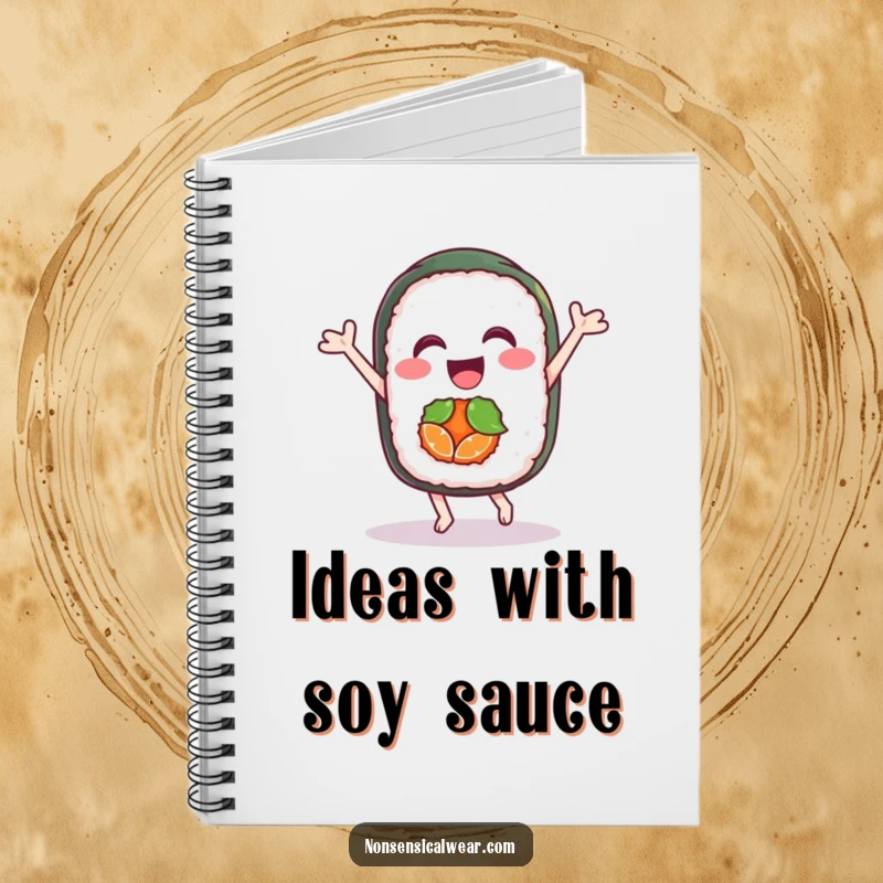 Funny notebook featuring a delighted sushi roll character performing a joyful dance, perfect for note-taking and culinary inspiration.