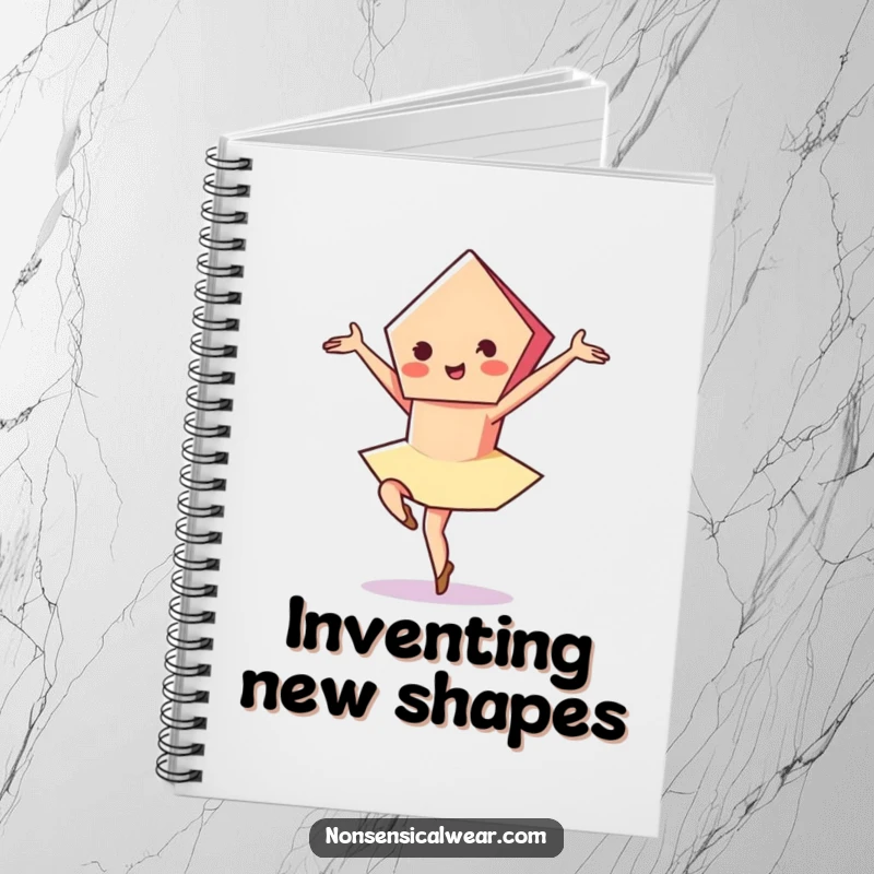 Funny notebook with a vibrant pentagon character gracefully performing a pirouette, ideal for jotting down elegant ideas and plans.