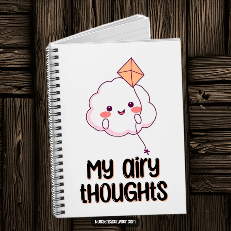 Funny notebook cover with a smiling cloud character happily floating with a kite, designed to inspire creativity and peaceful thoughts.