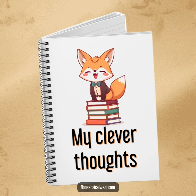 Funny notebook cover featuring a giggling fox in a vest and bow tie, balancing on books.
