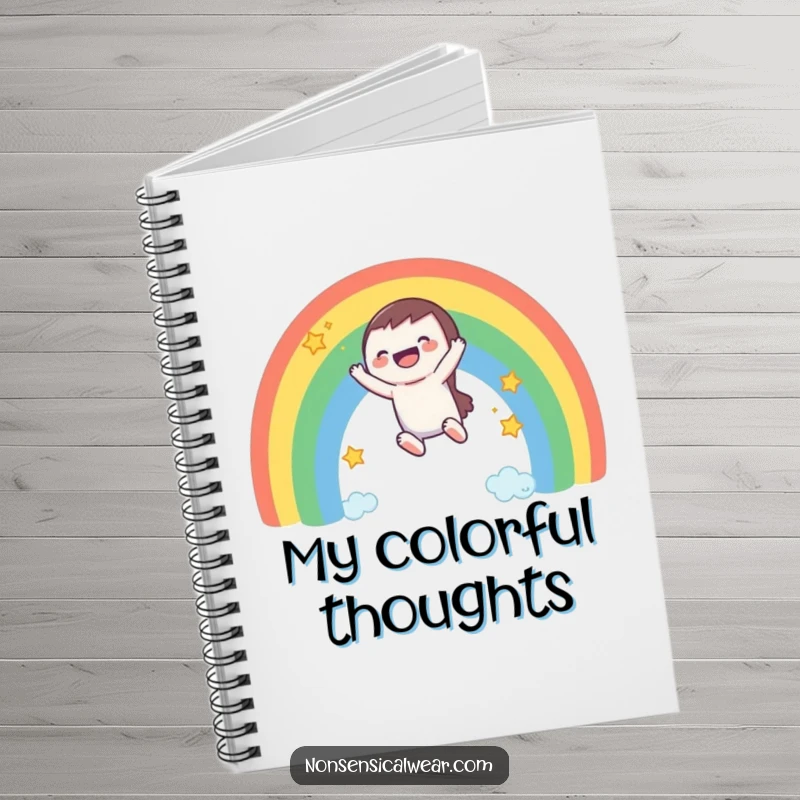 Funny notebook: a laughing character slides down a rainbow, leaving a trail of stars, perfect for jotting ideas.