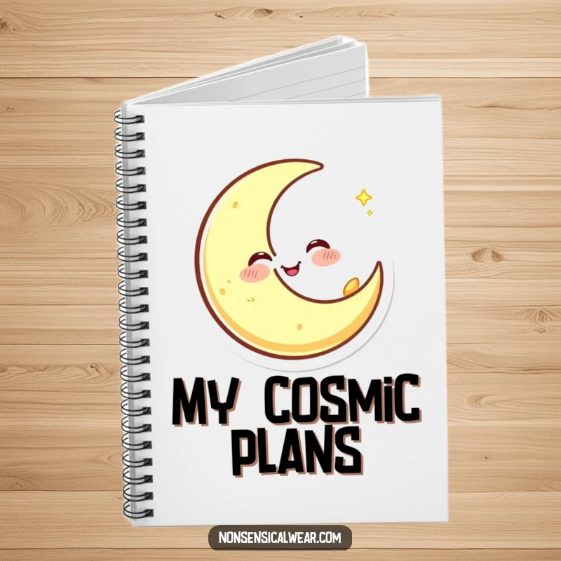 Funny notebook cover with a happy crescent moon character winking and spinning, designed to inspire creativity and mysterious thoughts.