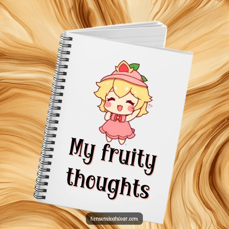 Funny peach character joyfully trying on a tiny hat on the cover of a notebook, inspiring creative writing.