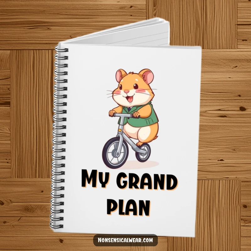 Funny notebook cover featuring a cheerful hamster in a vest, riding a miniature unicycle.