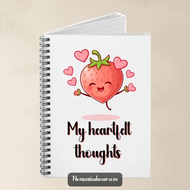 Funny cheerful strawberry character joyfully juggling hearts on a notebook cover, perfect for jotting down loving thoughts.