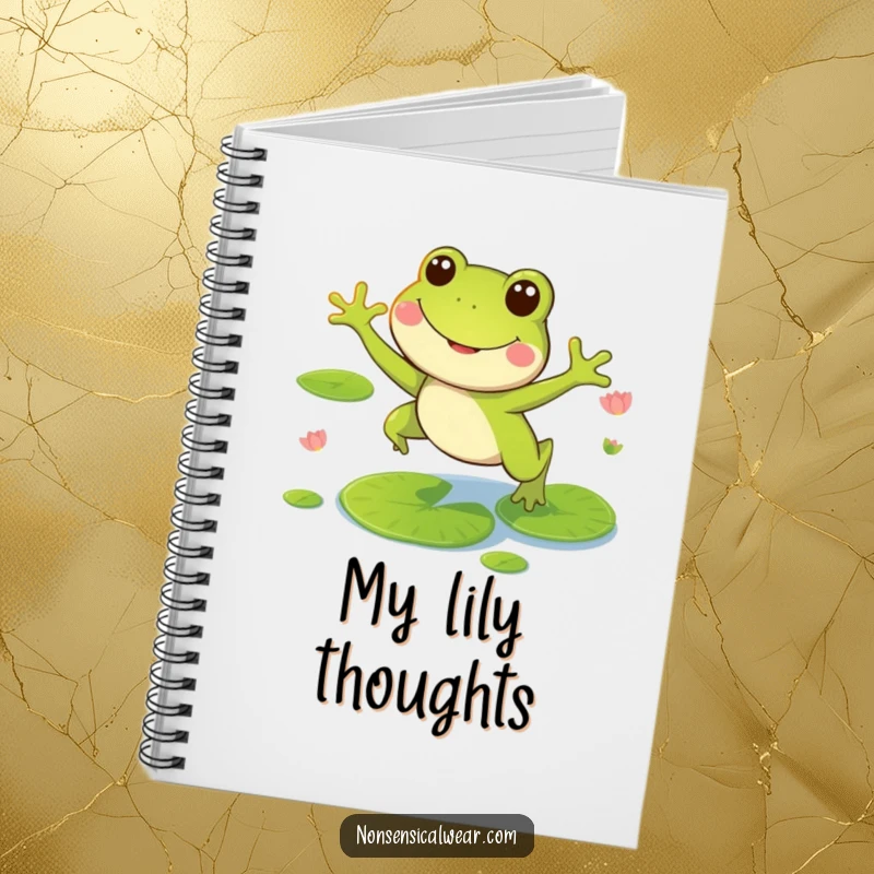 Funny notebook with a smiling frog character leaping on lily pads, perfect for jotting down fun ideas.