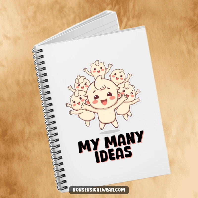 Funny notebook featuring a happy character splitting into multiple bouncing copies, perfect for notes, doodles, and capturing energetic ideas, a unique gift.