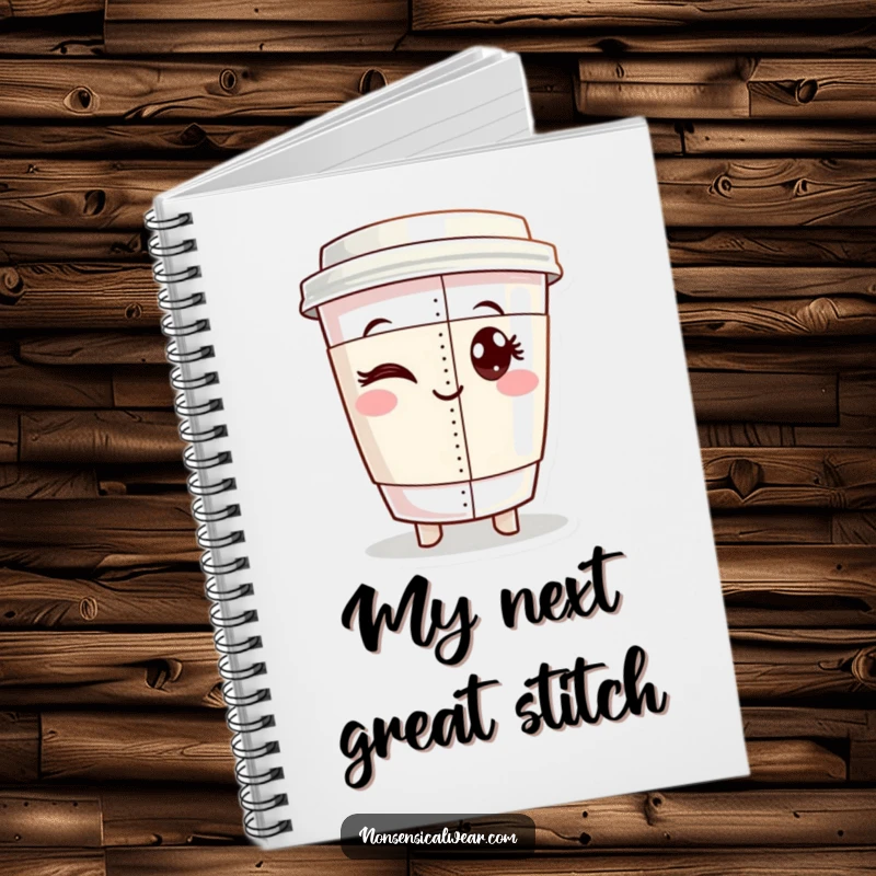 Funny notebook with a winking coffee cup character proudly showing off a perfectly sewn seam, great for sewing notes and plans.