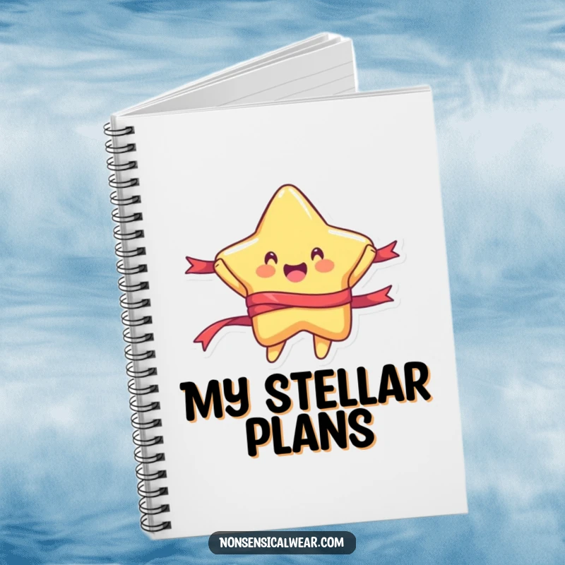 Funny notebook cover with a rounded star character joyfully jumping with a ribbon, designed to inspire creativity and bright ideas.