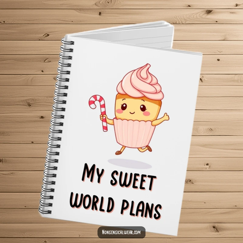 Funny kawaii cupcake character gleefully jumping rope with a candy cane, on the cover of a notebook, for humorous note-taking.