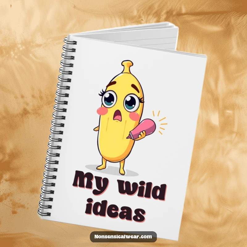 Funny surprised banana character with wide eyes holding a party popper on the cover of a notebook, for humorous note-taking.