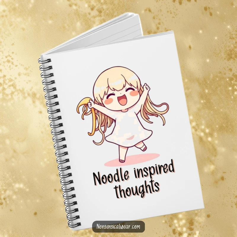 Funny notebook with a character gleefully dancing with a huge, wiggly noodle, perfect for notes, sketches, and capturing funny thoughts, an inspiring funny gift.