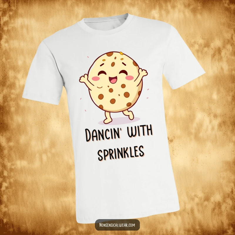 Funny delighted cookie character doing a happy dance with sprinkles on a t-shirt, a cheerful and humorous wearable.