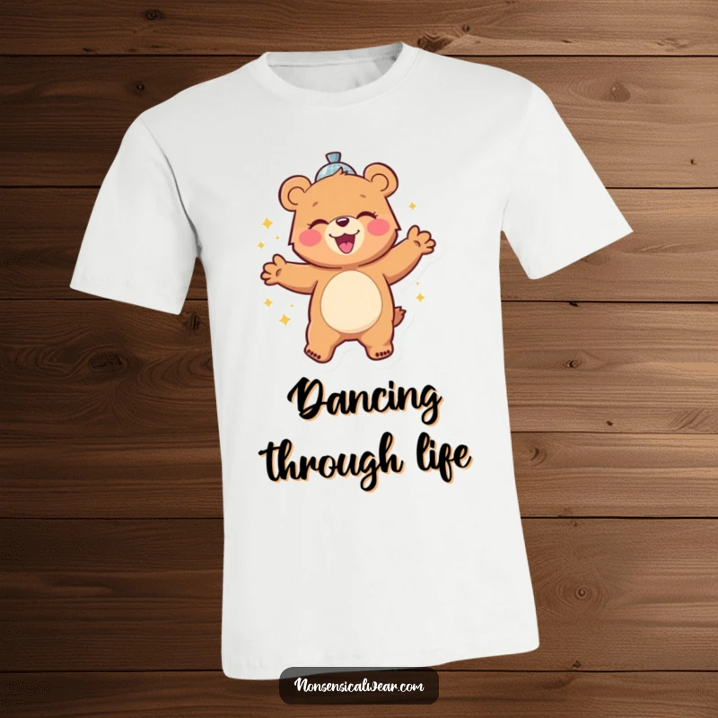 Funny t-shirt graphic of a cheerful bear character gleefully dancing with a sparkling disco ball, capturing the joy of the dance floor.