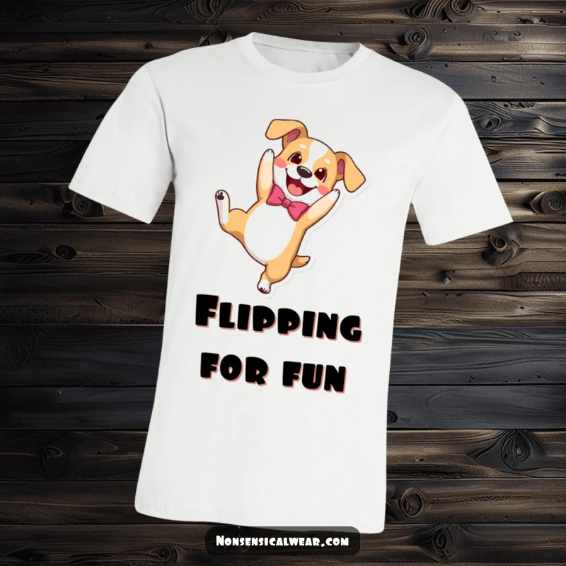 Funny t-shirt featuring a happy dog in a bowtie performing a lively somersault, embodying playful canine spirit.