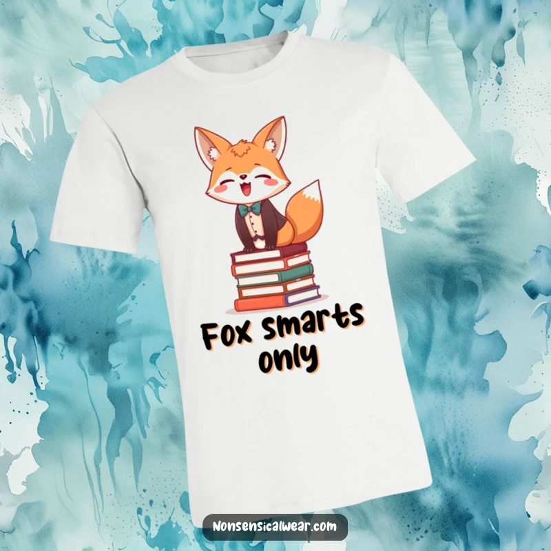 Funny t-shirt portraying a giggling fox in formal wear, balancing precariously on a pile of books.