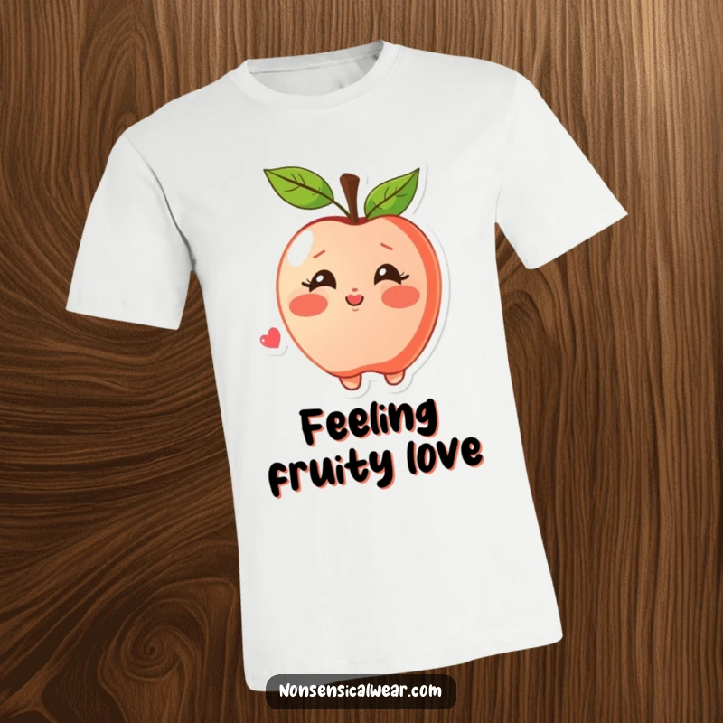 Funny t-shirt depicting a blushing apple character joyfully blowing a kiss, radiating charm and sweet sentiment, perfect for expressing affection.