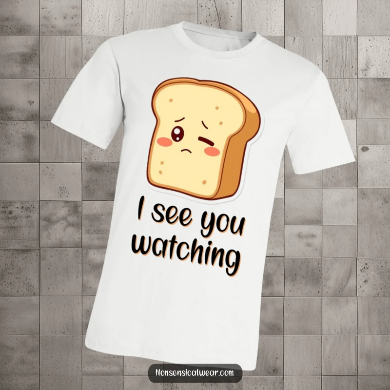 Funny t-shirt depicting a bewildered bread loaf character with a single, shyly blinking eye, embodying gentle confusion.