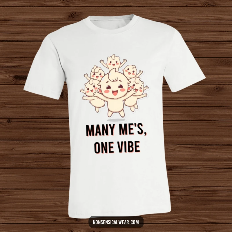 Funny t-shirt depicting a joyful character spontaneously splitting into multiple, energetic, bouncing versions of itself, radiating happiness and playful chaos, a cool present.