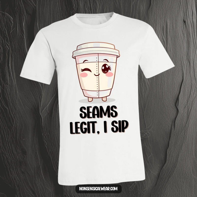 Funny t-shirt with a winking coffee cup character proudly presenting a flawless sewn seam, perfect for sewing enthusiasts.