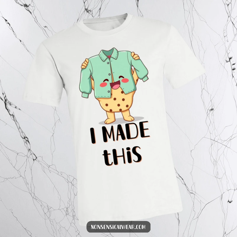 Funny t-shirt with a happy cookie character holding up a sewn garment, symbolizing the joy of crafting and accomplishment.