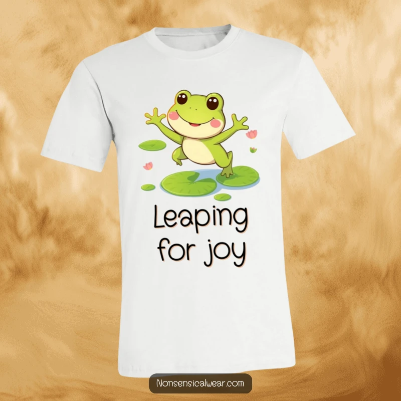 Funny t-shirt with a smiling frog character playfully leaping across vibrant lily pads, embodying pure amphibian fun.