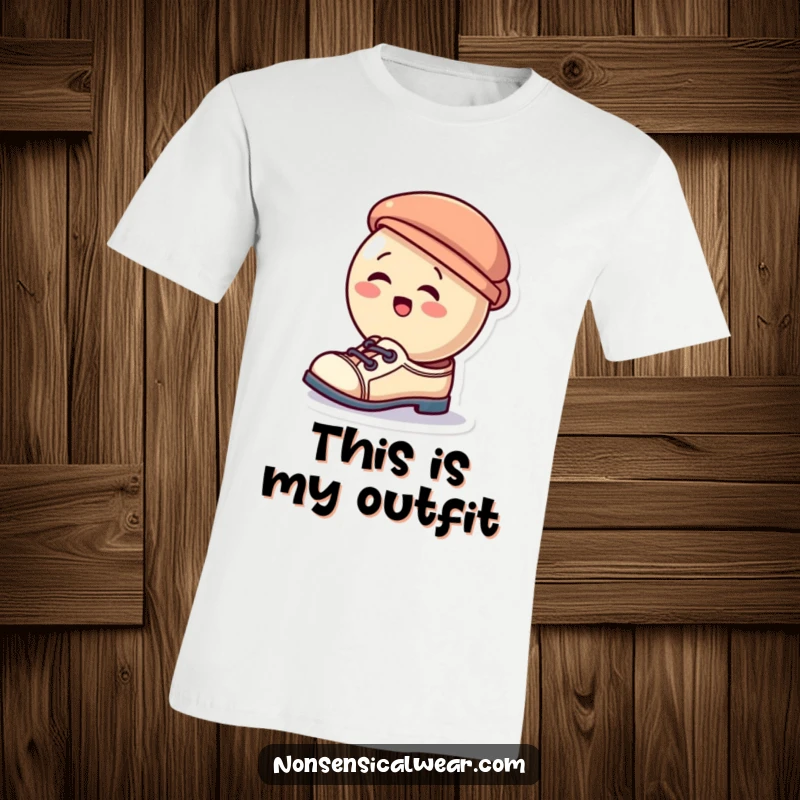Funny t-shirt featuring a giggling button hilariously attempting to use a small hat as footwear, evoking pure silliness.