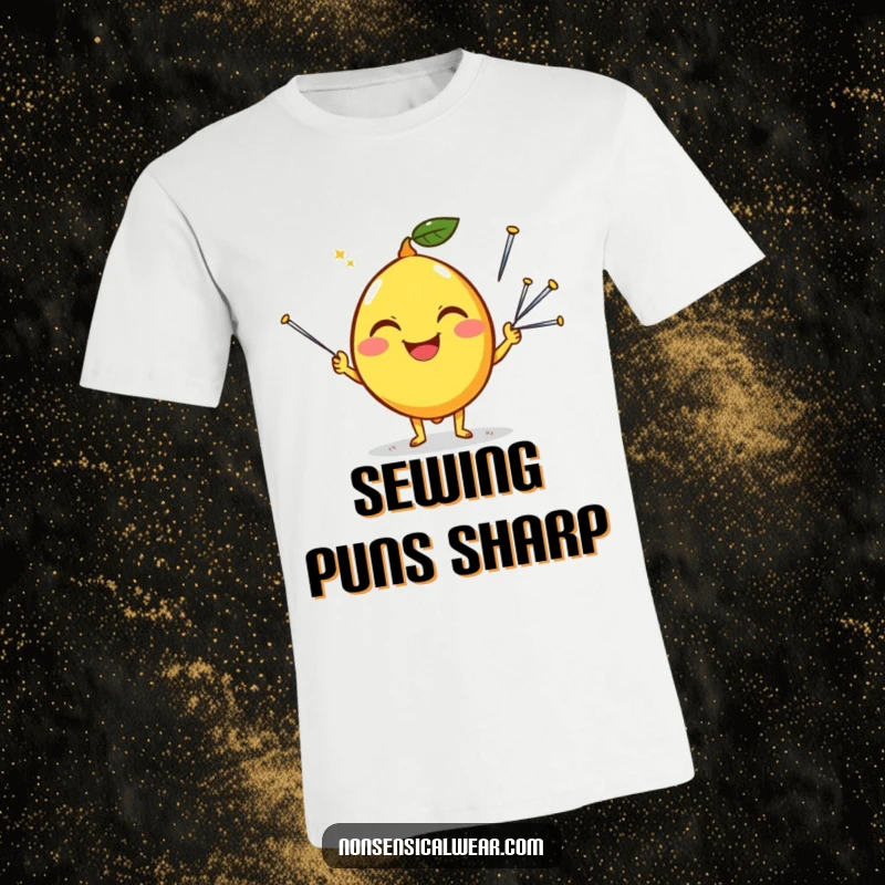 Funny t-shirt graphic of a happy lemon character with a silly grin, demonstrating impressive needle-juggling skills.
