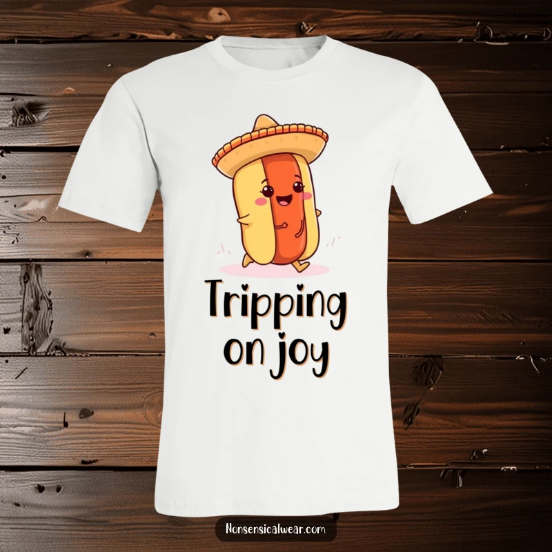 Funny t-shirt graphic of a cheerful hot dog wearing a sombrero, humorously tripping over its own bun.