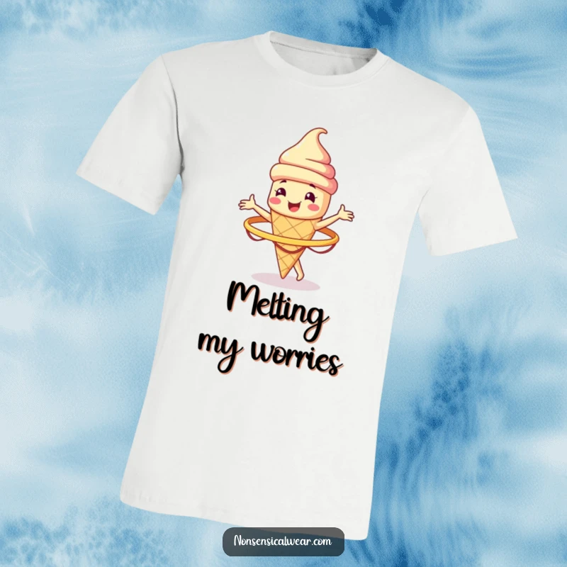 Funny smiling ice cream cone character spinning a hula hoop on a t-shirt, a playful and humorous wearable.