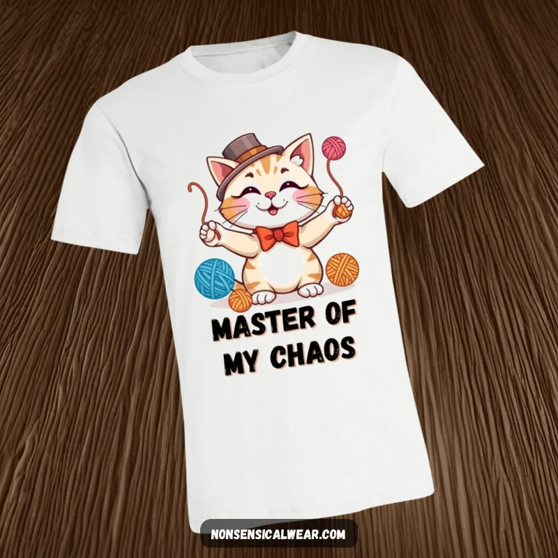 Funny t-shirt featuring a smiling, elegantly dressed cat juggling multiple yarn balls with impressive feline skill.